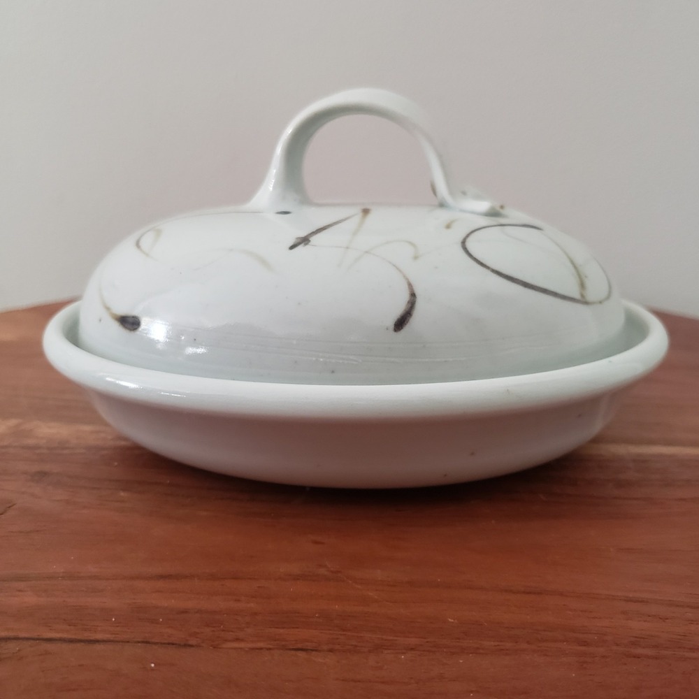 Studio Art Handmade Covered Pottery Dish Signed Catch All Dragonfly Butterfly